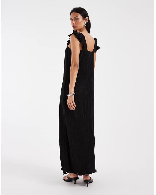Pieces Black Plisse Maxi Dress With Frill Sleeves