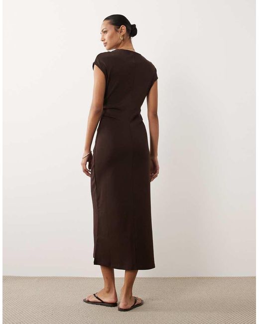 Mango Natural Cap Sleeve Midi Dress With Ruched Waist