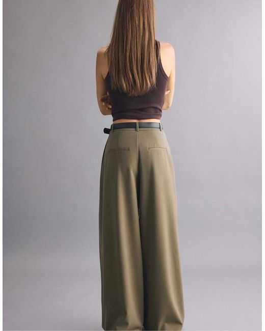 Stradivarius Gray Wide-Leg Darted Trousers With Belt