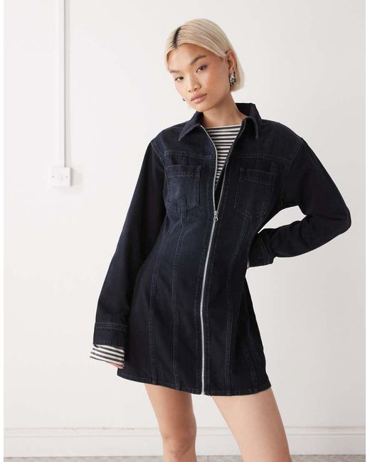 Collusion Black Denim Long Sleeve Shirt Dress