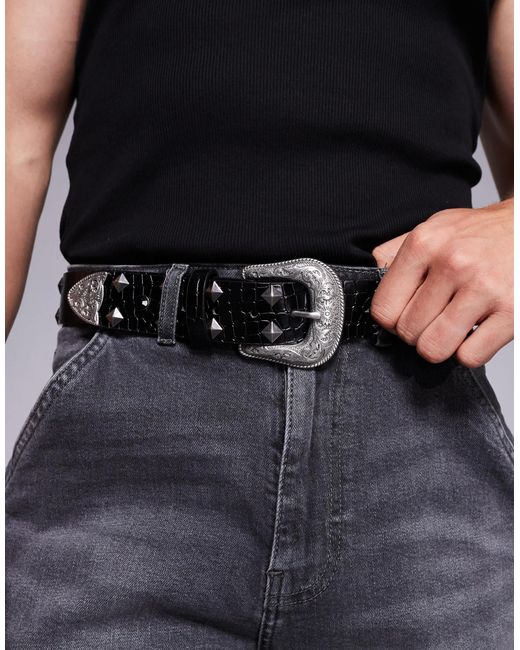 Ceinture western en similicuir effet croco avec strass et clous ASOS pour homme en coloris Black