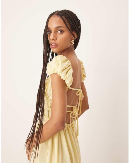 ASOS Natural Square Neck Short Sleeve Midi Dress With Cinched Channel Waist
