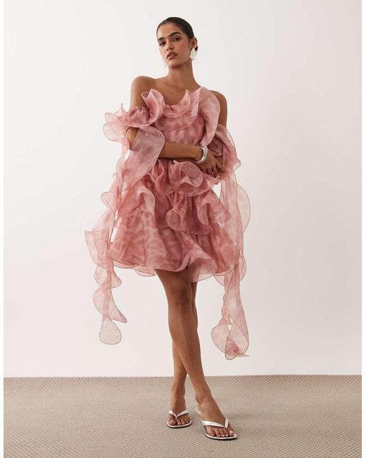 ASOS Pink Textured Organza Wired Ruffle Off-shoulder Mini Dress