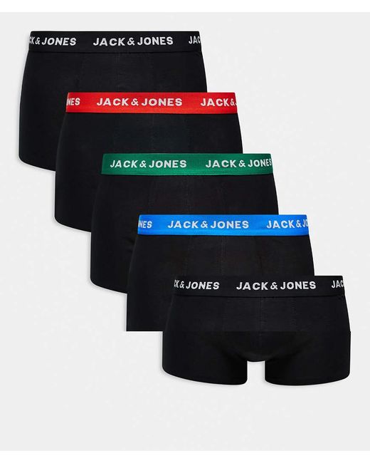 Jack & Jones Black 5 Pack Contrast Waistband Trunks for men