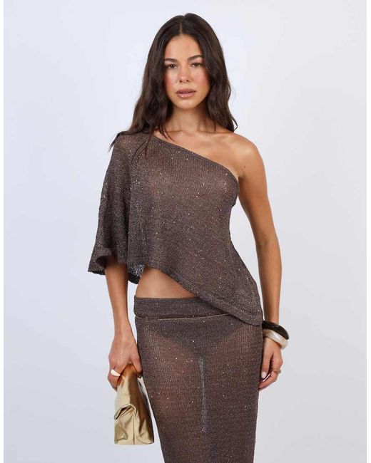 SIMMI Brown Sheer Drape Sequin Knit Co-Ord Top