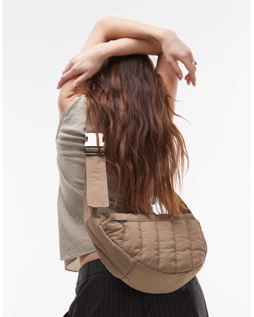 TOPSHOP Brown Cora Nylon Quilt Cross Body Bag With Front Pocket
