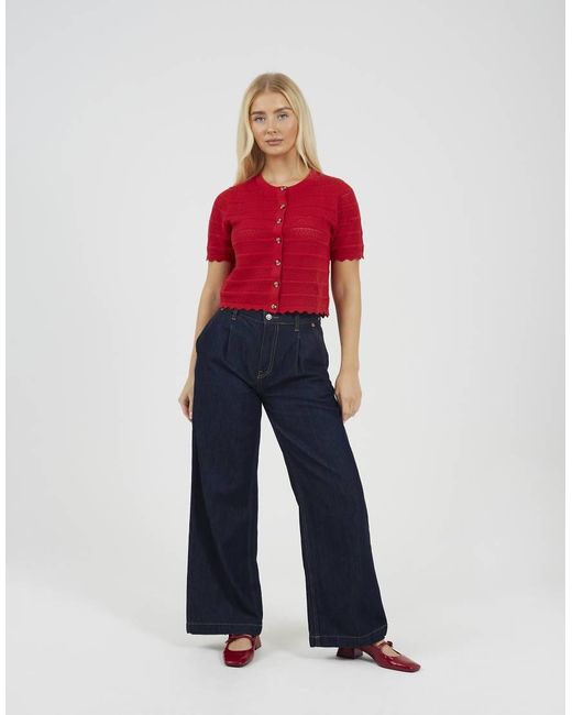 Brave Soul Red Short Sleeve Stitch Detail Crew Neck Cardigan