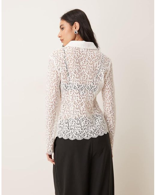 Ghospell Natural Cotton Blend Open Knit Lace Button Up Scallop Edge Shirt