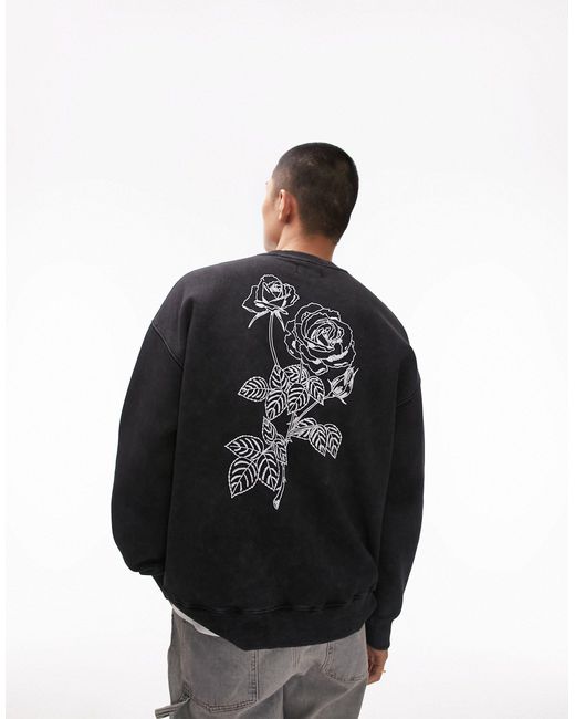 Topman Black Oversized Fit Sweatshirt With Front And Back Floral Placement Embroidery for men