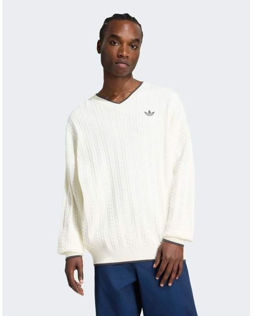 Adidas Originals White Cable Knit Crewneck Sweatshirt for men
