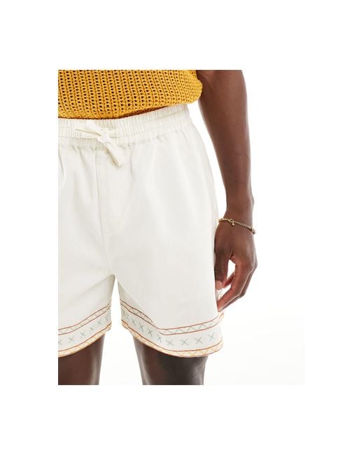 ASOS White Wide Fit Shorts With Embroidered Hem With Elasticized Waist - Part Of A Set for men