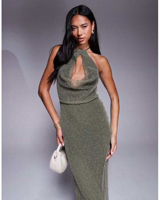 ASOS Gray Crochet Sequin Halter Maxi Dress With Cut Out