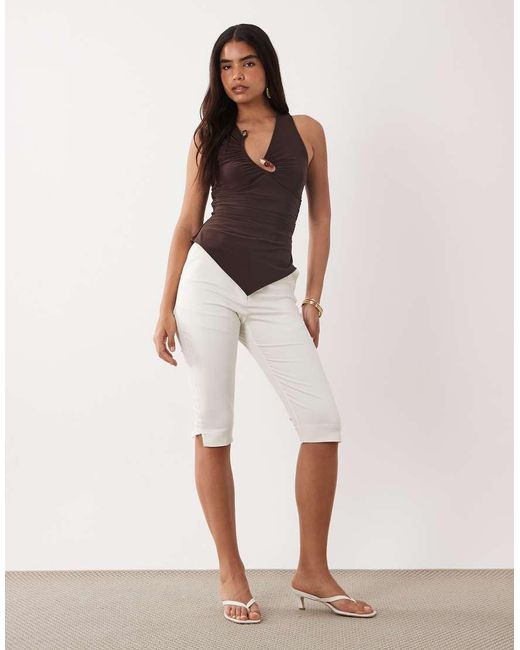 ASOS Brown Hardware Detail Plunge Ruched Neckline Hanky Hem Top