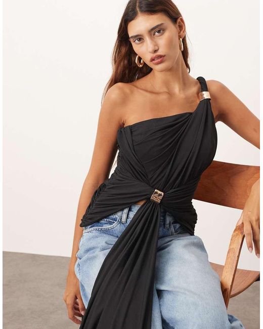 ARRANGE Black One Shoulder Drape Top With Metal Trim Detail