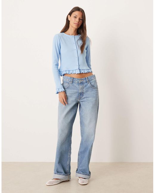 ASOS Blue Mini Rib Frill Hem Button Through Top