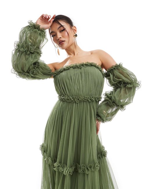 LACE & BEADS Green Off Shoulder Tulle Maxi Dress