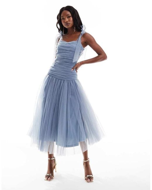 LACE & BEADS Blue Drop Waist Bow Shoulder Midaxi Dress