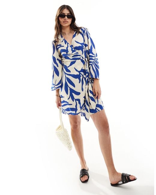 Jdy Wrap Kimono Dress Beige With Blue Palm Print