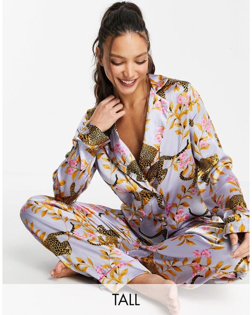ASOS Purple Asos Design Tall Exclusive Leopard Botanical Satin Pajama Set
