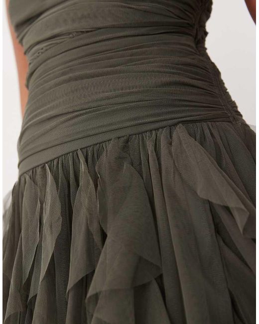LACE & BEADS Green One Shoulder Waterfall Ruffle Maxi Dress