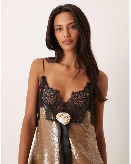 For Love & Lemons Natural Sequin A-line Cami Mini Dress With Lace Neckline