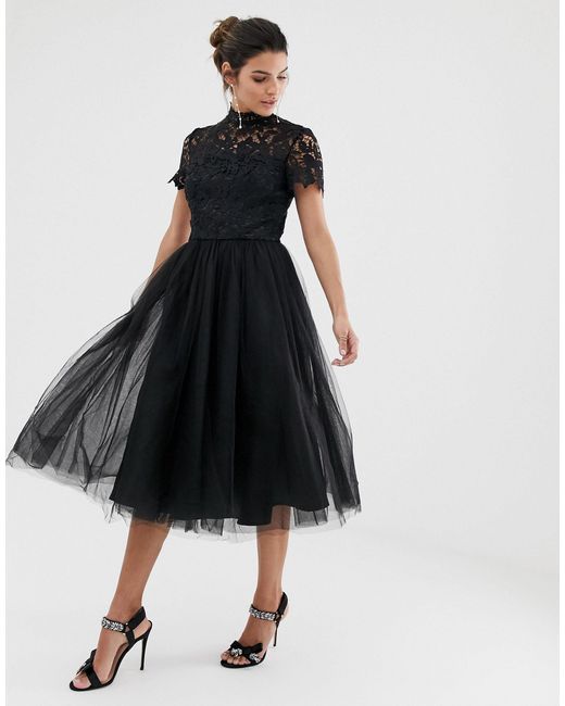 Chi Chi London Black High Neck Lace Midi Dress With Tulle Skirt