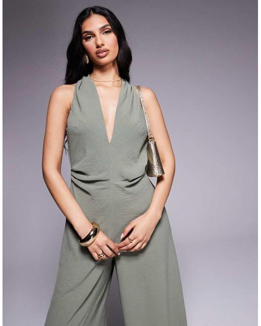ASOS Gray Ruched Waist Detail V Neck Jumpsuit