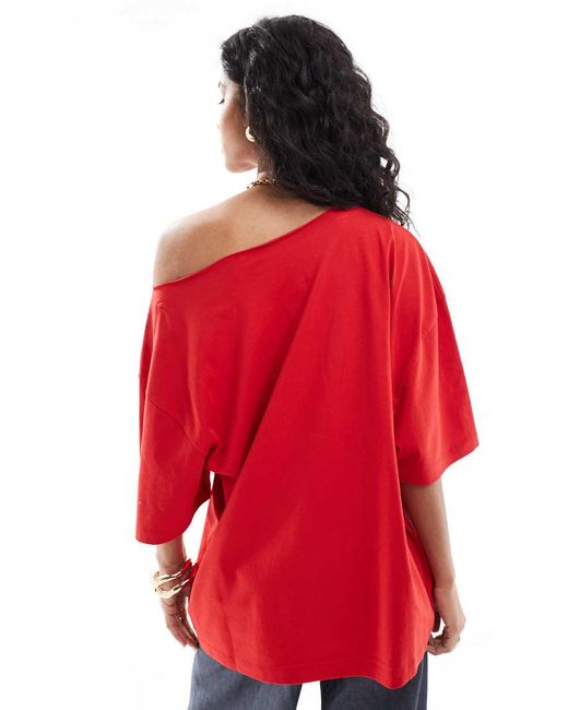 ASOS Red Relaxed Off Shoulder T-shirt