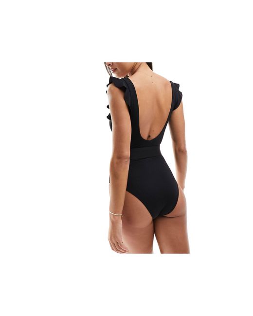 New Look Black Frill Belted Swimsuit