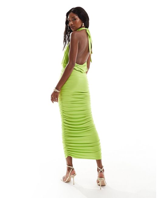 ASOS Green Halter Neck Midi Dress With Ruched Skirt