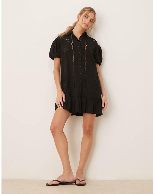 ASOS Black Twill Short Sleeve Broderie Mini Shirt Dress With Tonal Stitching