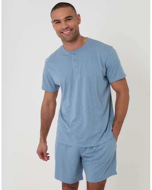 Threadbare Blue Cotton Grandad Pyjama Top & Shorts for men