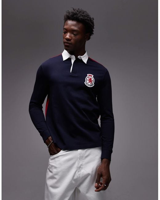 Tommy Hilfiger Men's Blue Crest Logo Long Sleeve Rugby Polo Shirt