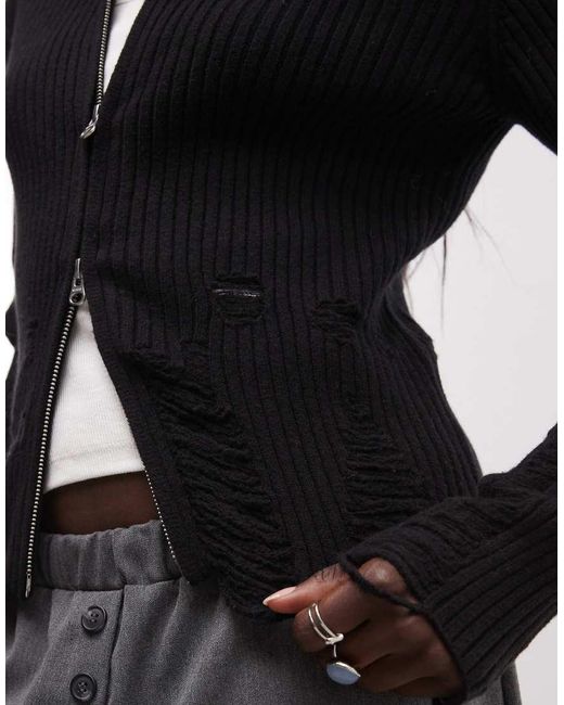 Weekday Black Wool Blend Zip Cardigan With Distressed Detail