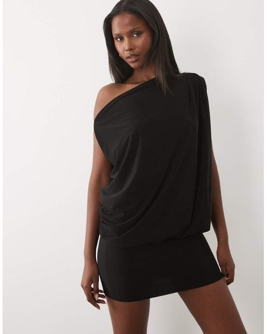 Missy Empire Black Double Sculpted Slinky Drape Off Shoulder Fitted Skirt Fold Over Detail Mini Dress