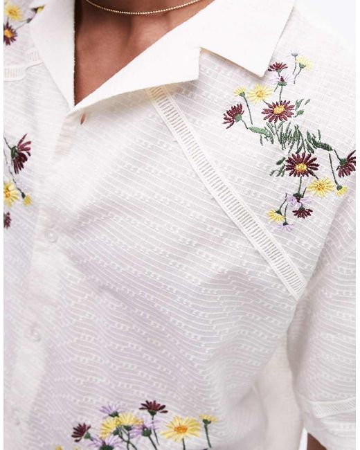 Topman White Short Sleeve Floral Embroidered Dobby Shirt for men