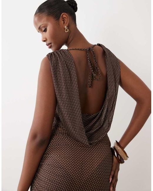 The Frolic Brown Exclusive Sheer Mesh Cowl Neck Open Back Beach Mini Dress