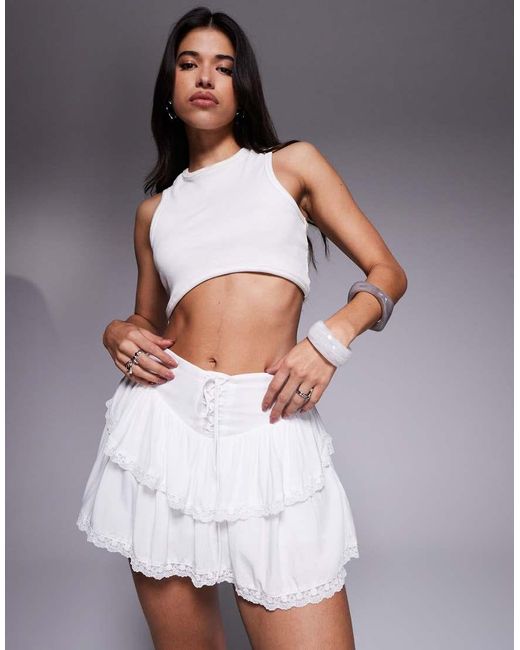 Princess Polly Gray Capshaw Lace Up Detail Tiered Lace Trim Mini Skirt