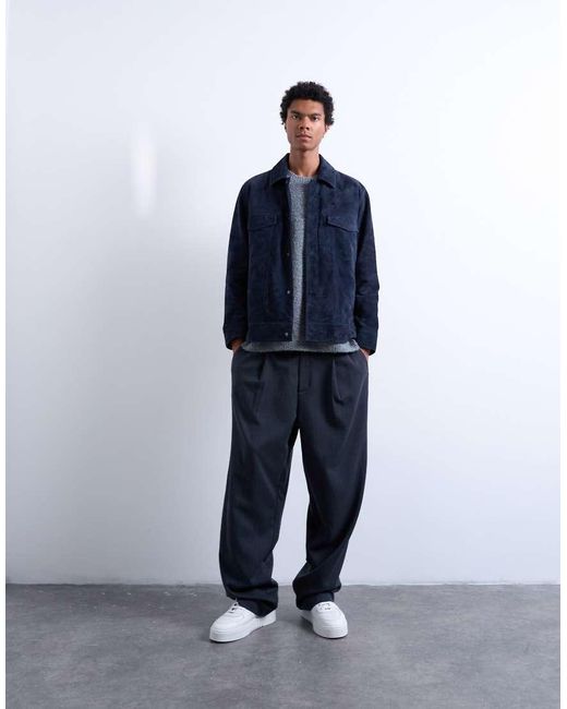 Topman Blue Real Suede Racer Jacket for men