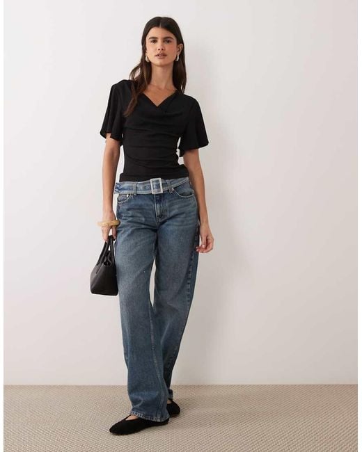 Miss Selfridge Black Top With Angel Sleeves And Cowl Neck