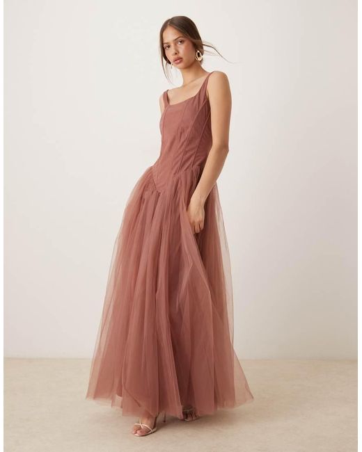 LACE & BEADS Brown Ruffle Hem Corset Maxi Dress