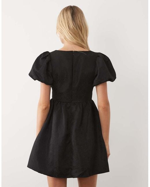 Sister Jane Black Bordeaux Exclusive Jacquard V-neck Puff Sleeve Mini Dress With Contrast Bow