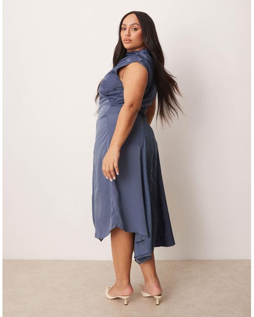 ASOS Blue Asos Design Curve Spliced Jacquard & Dobby Midi Dress With Ruched Side