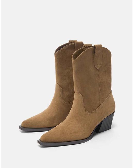 Pull&Bear Brown Cowboy Ankle Boots