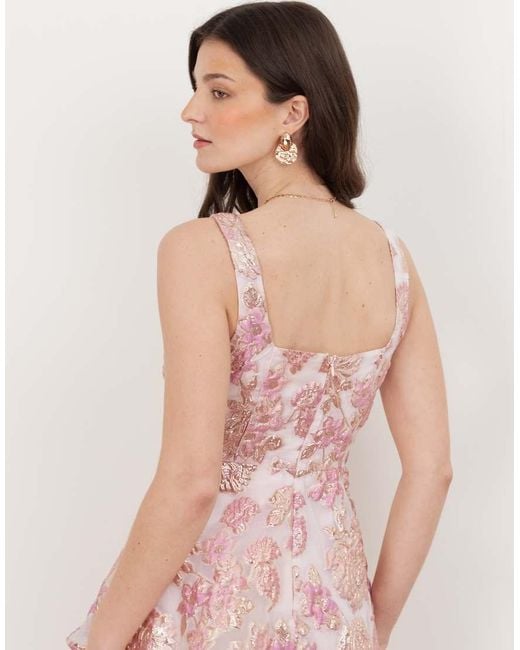 Maya Pink Floral Jacquard Square Neck Tiered Midi Dress