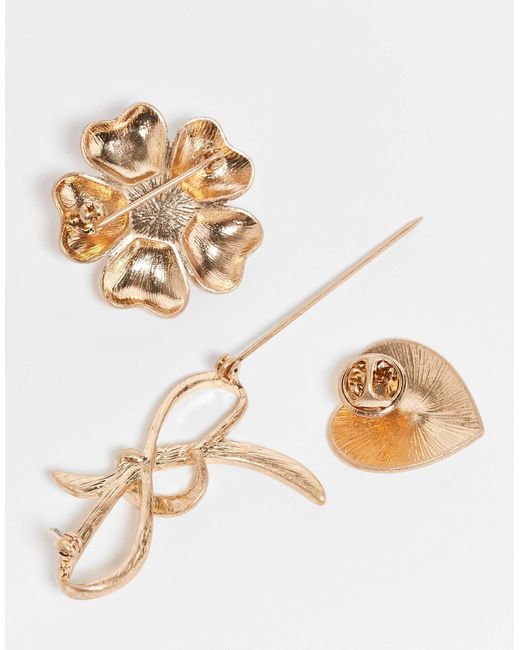 ASOS White Pack Of 3 Brooches With Flower, Bow And Heart Design
