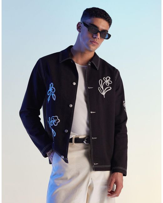 ASOS Blue Worker Jacket With Floral Embroidery for men