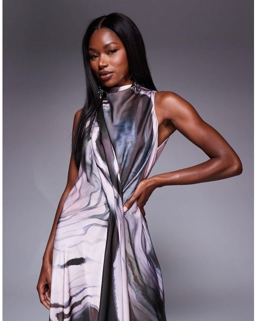 ASOS Purple High Neck Drape Maxi Satin Dress With Tucked Detail