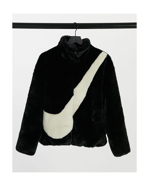 Nike Faux Fur Oversized Swoosh Jacket in Black | Lyst Australia