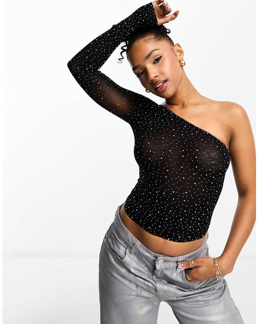Pull&Bear Black Asymmetric One Shoulder Glitter Top